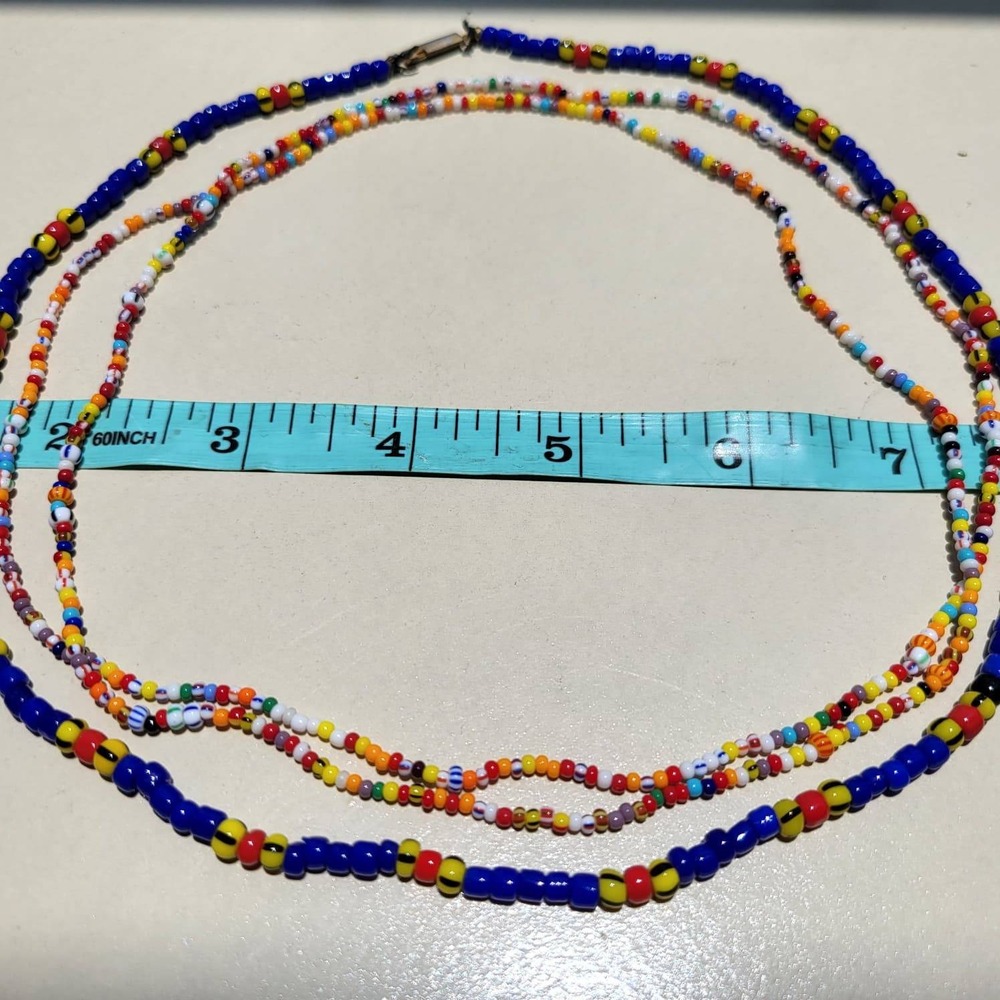 2 Vintage Glass Seed Bead Strand Blue Red Yellow Boho Layered Necklaces - Picture 3 of 3